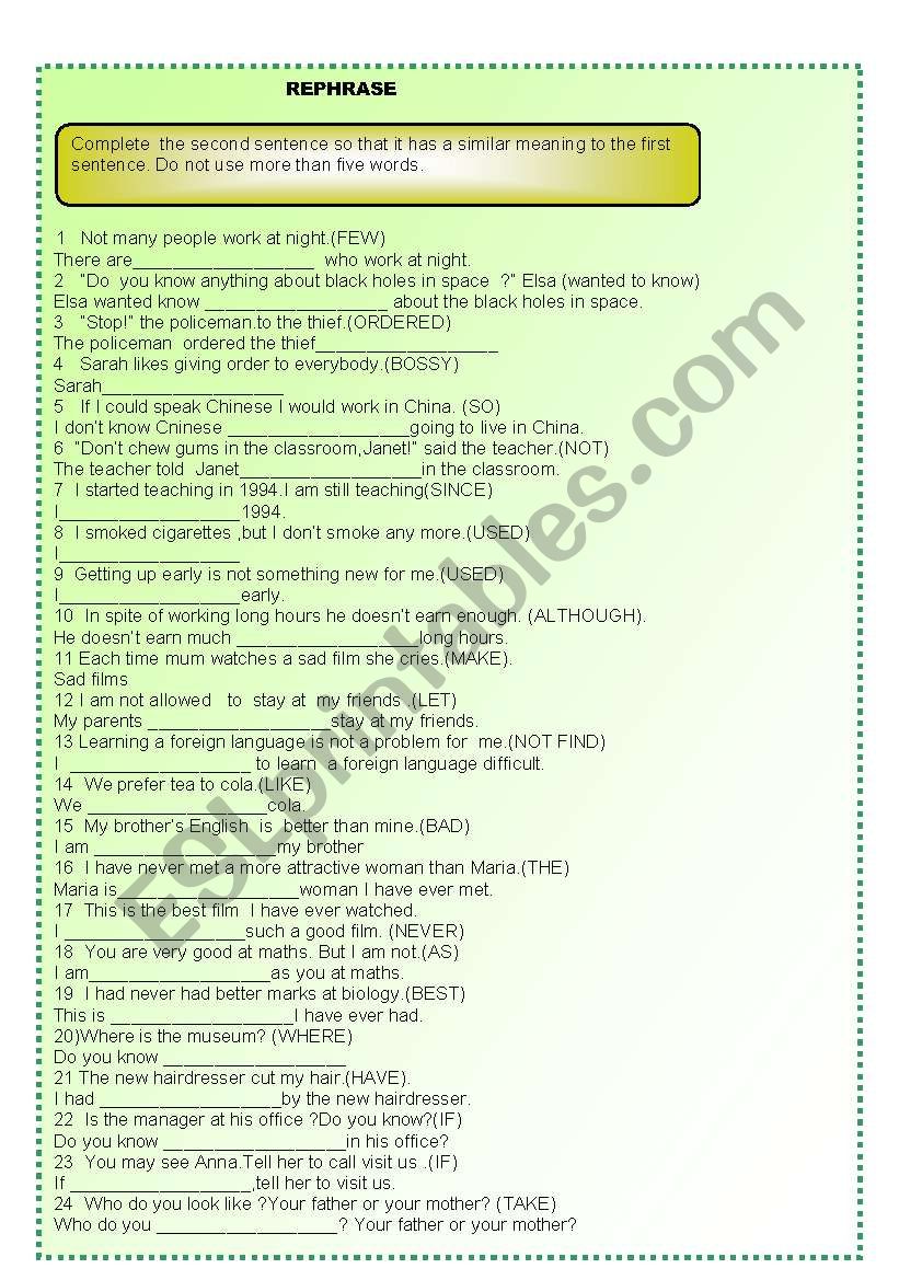 Rephrase these sentences worksheet