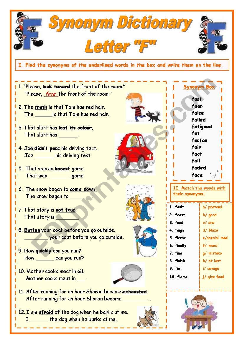 Synonym Dictionary, Letter F - ESL worksheet by Babi965