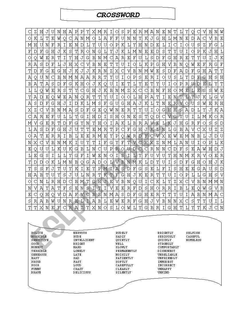 adjective - adverb crossword worksheet