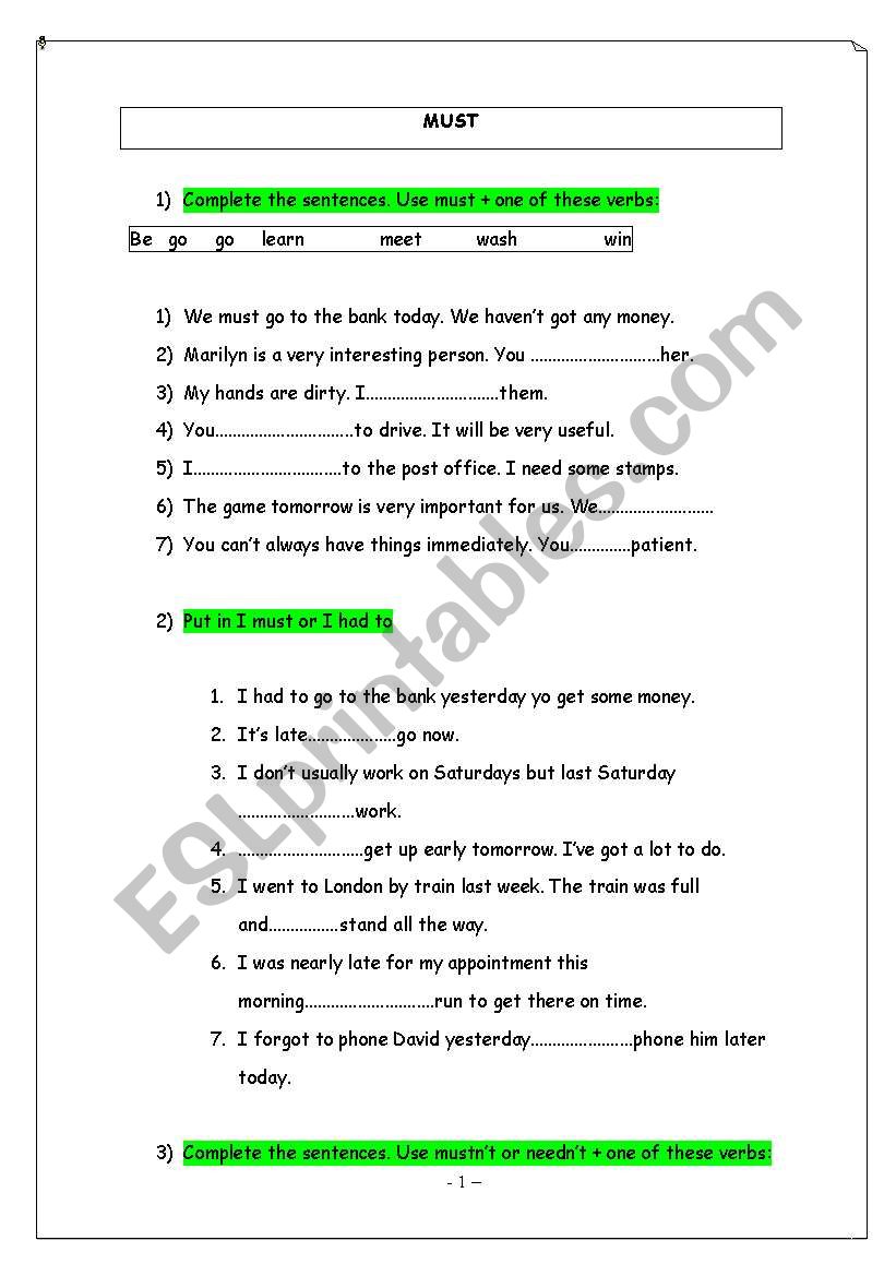 modals -must- worksheet