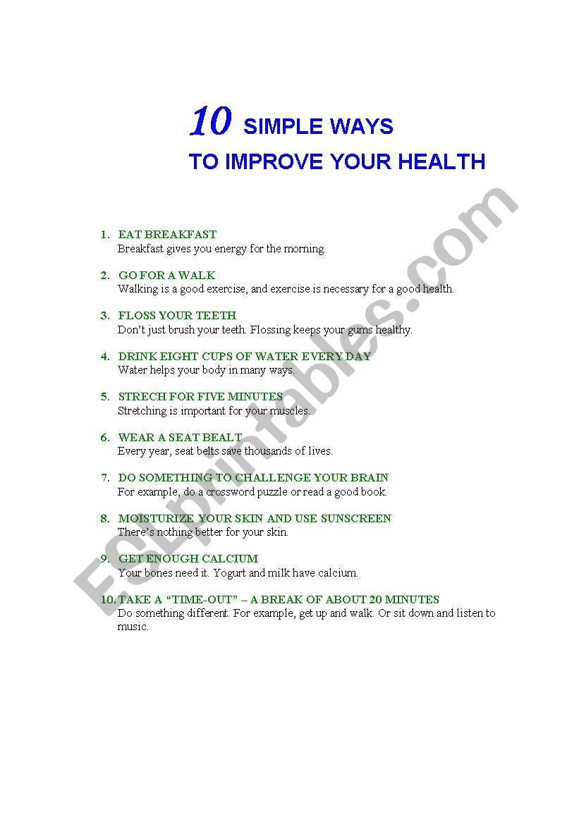 How to Improve your Health worksheet