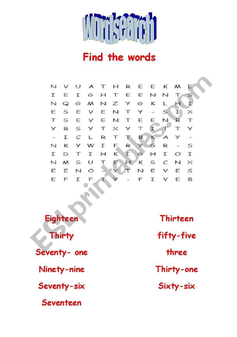 numbers wordsearch  worksheet