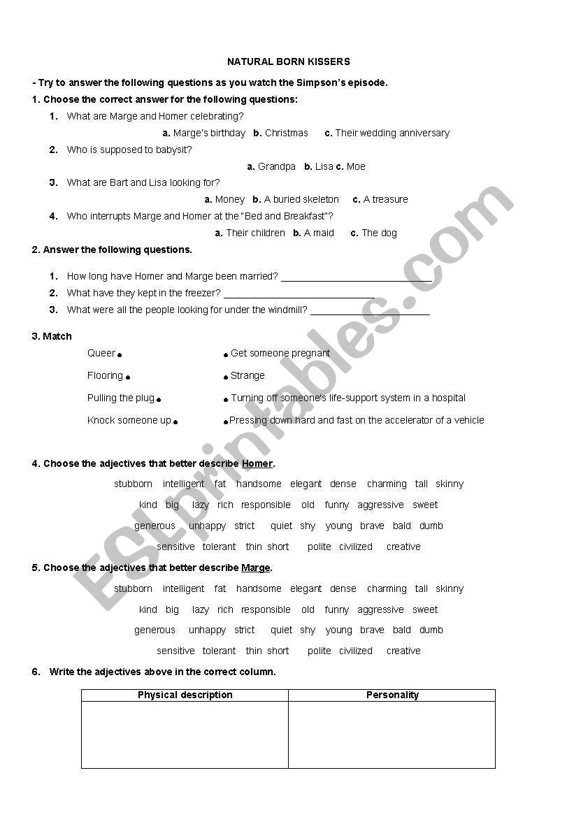 Natural Born Kissers worksheet