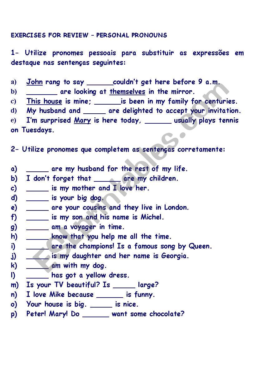 personal pronouna worksheet