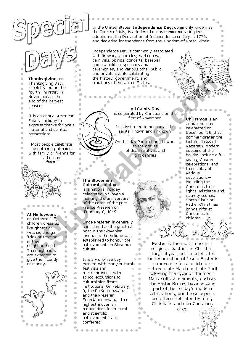 Special Days worksheet