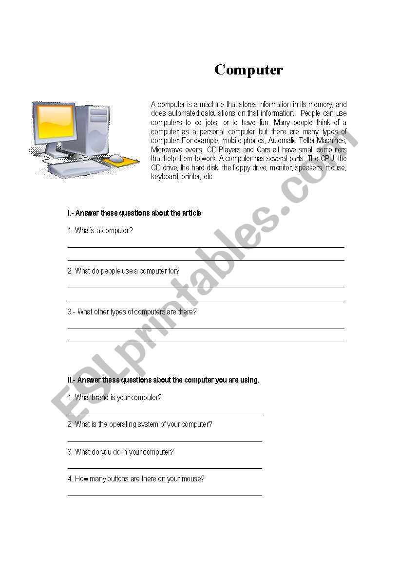 Computers worksheet