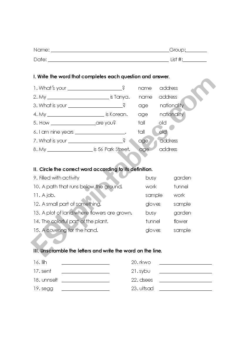 Vocabulary exercise worksheet