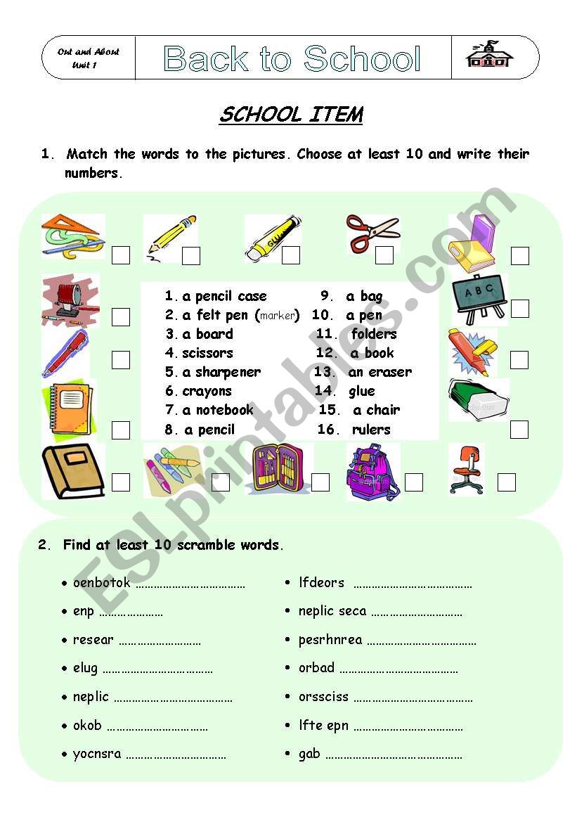 school items worksheet
