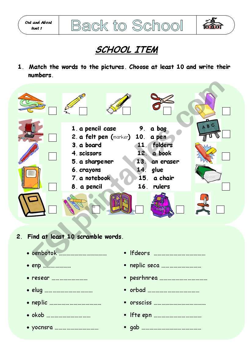 school items worksheet
