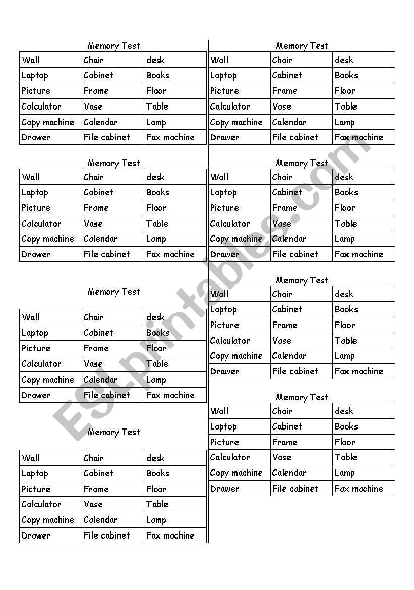 Printable Short Term Memory Tests