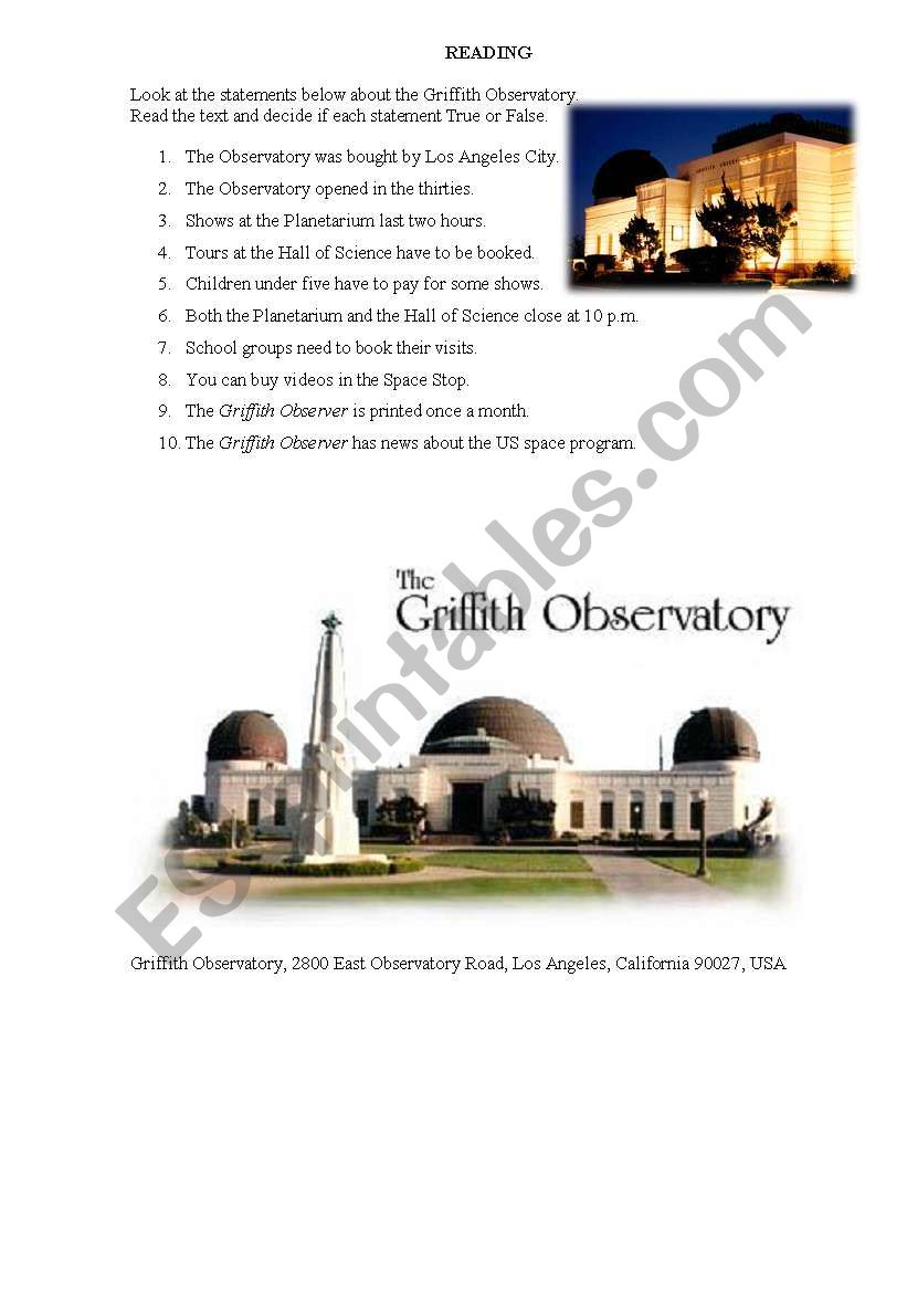 Griffith Observatory worksheet