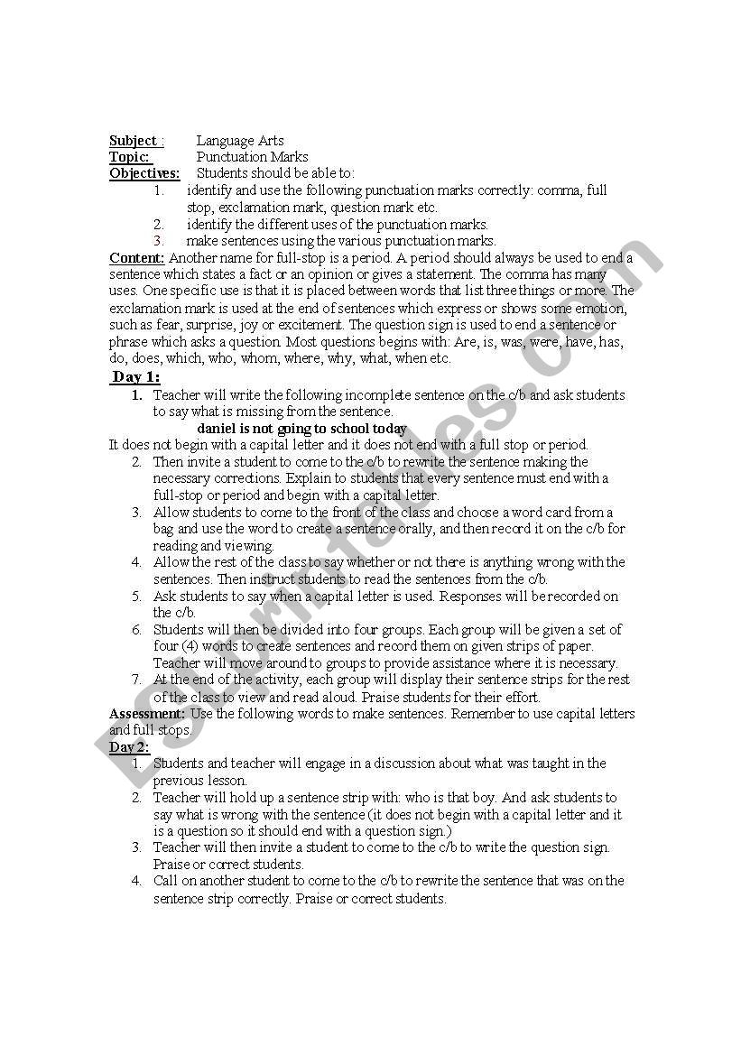 Punctuation Marks Lesson worksheet