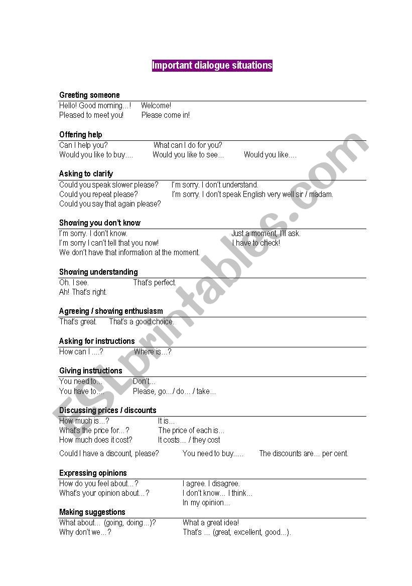 dialogues (greeting, offering help, asking to clarify, showing you dont know, understanding, asking for, giving istructions...)