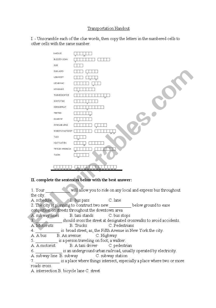 Means of Transport Crossword worksheet