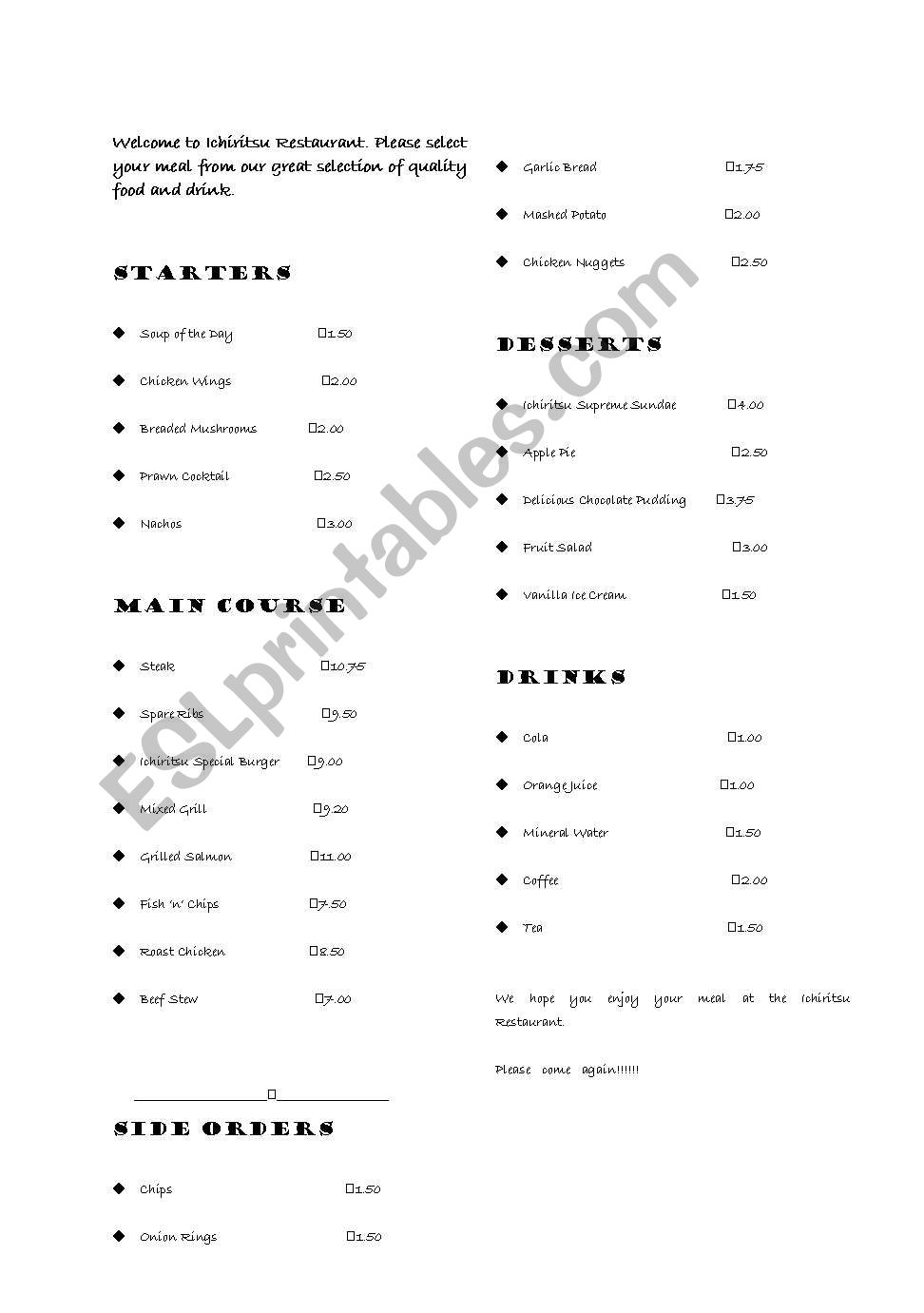 Restaurant menu activity. worksheet