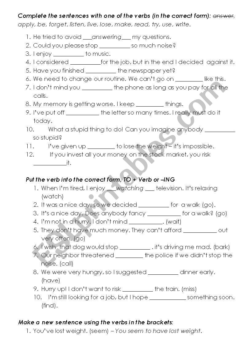 Infinitive or the gerund worksheet