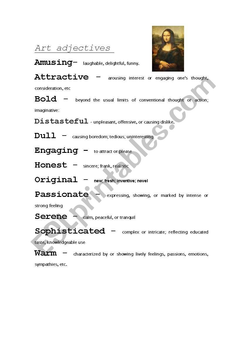 Art adjectives worksheet