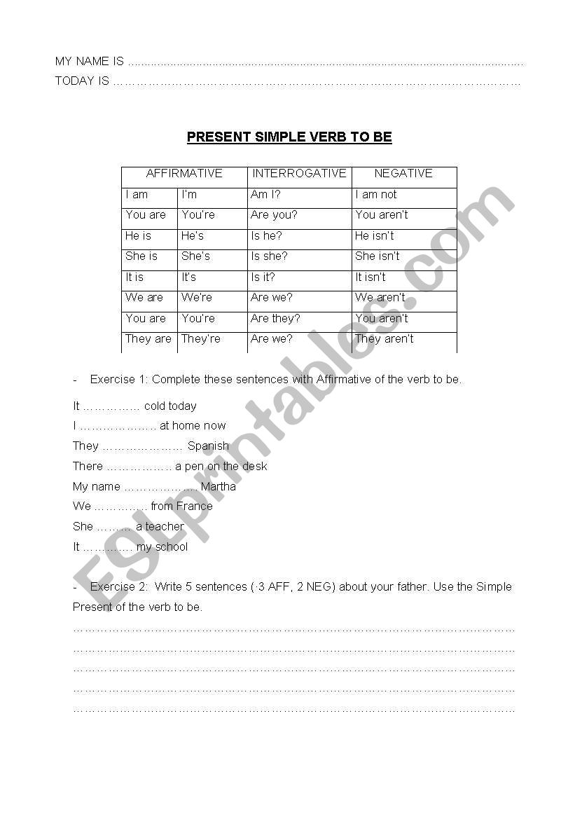 verb to be worksheet