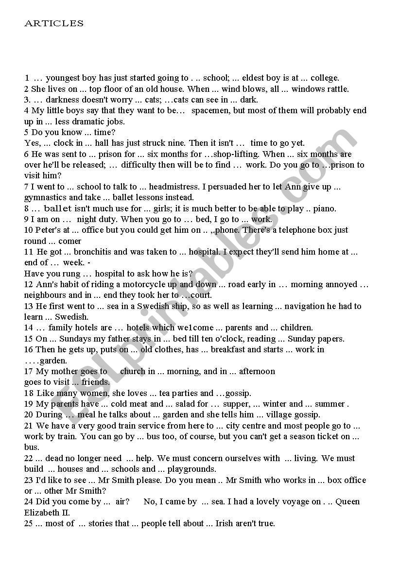 Articles  worksheet