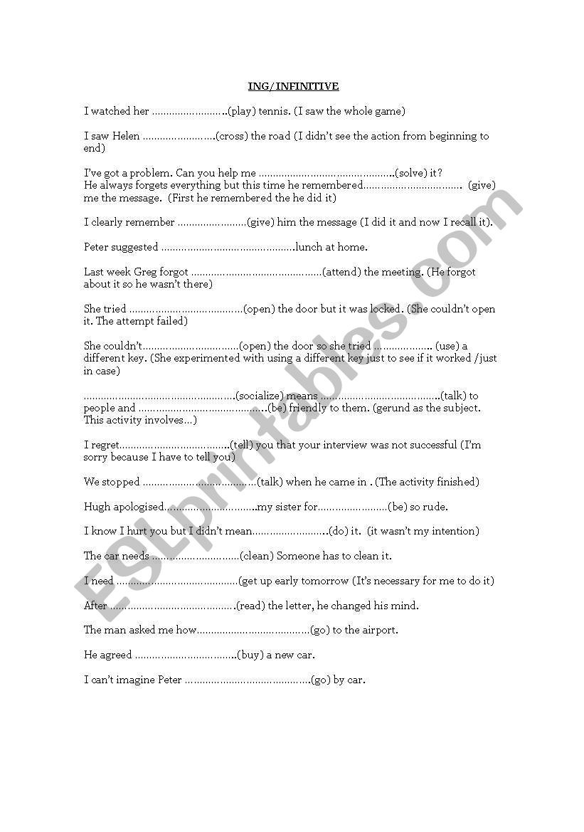 gerund Vs infinitive worksheet