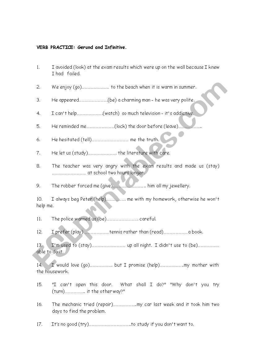 Gerund Vs Infinitive worksheet