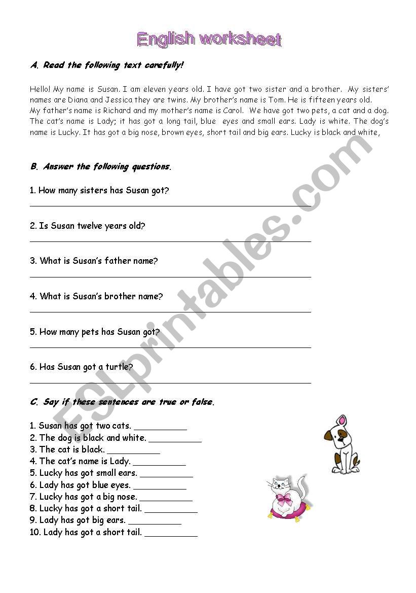 Family and pets worksheet
