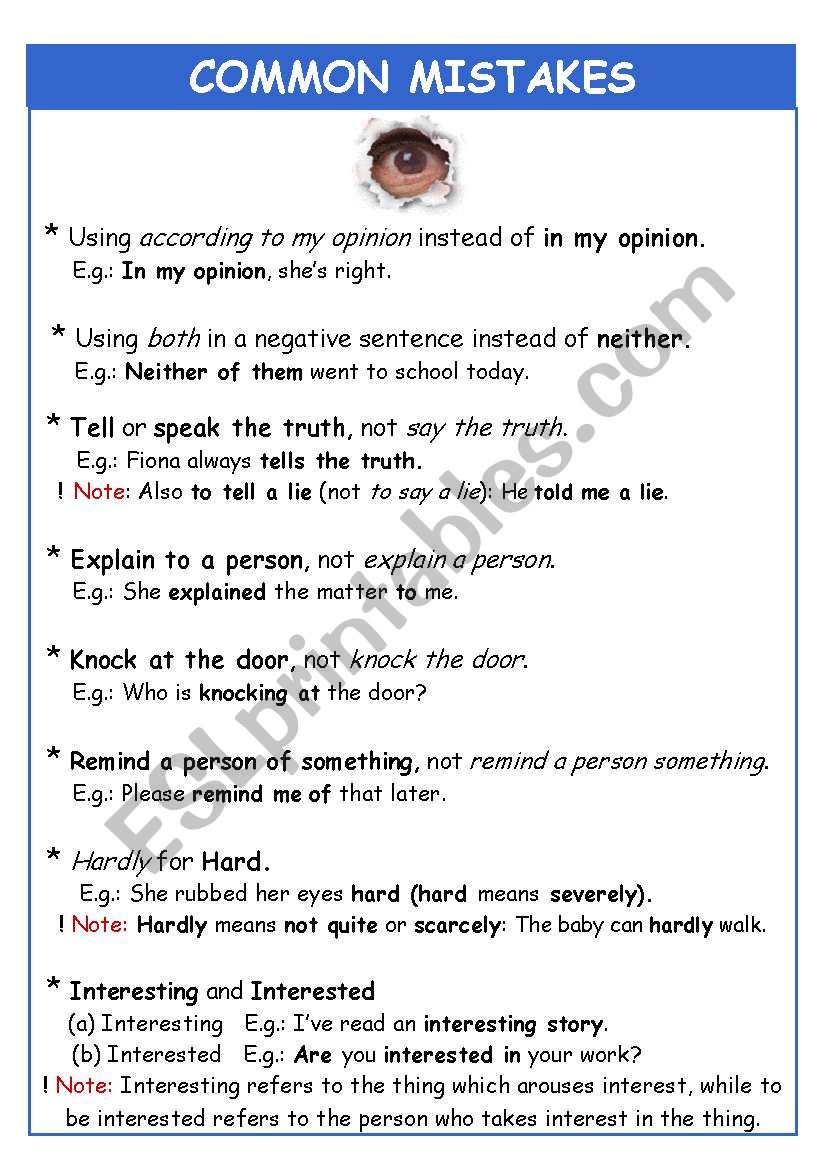 COMMON MISTAKES worksheet