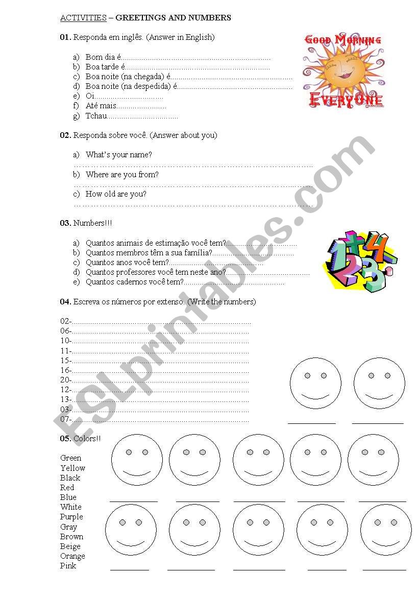 greetings, numbers and colors worksheet