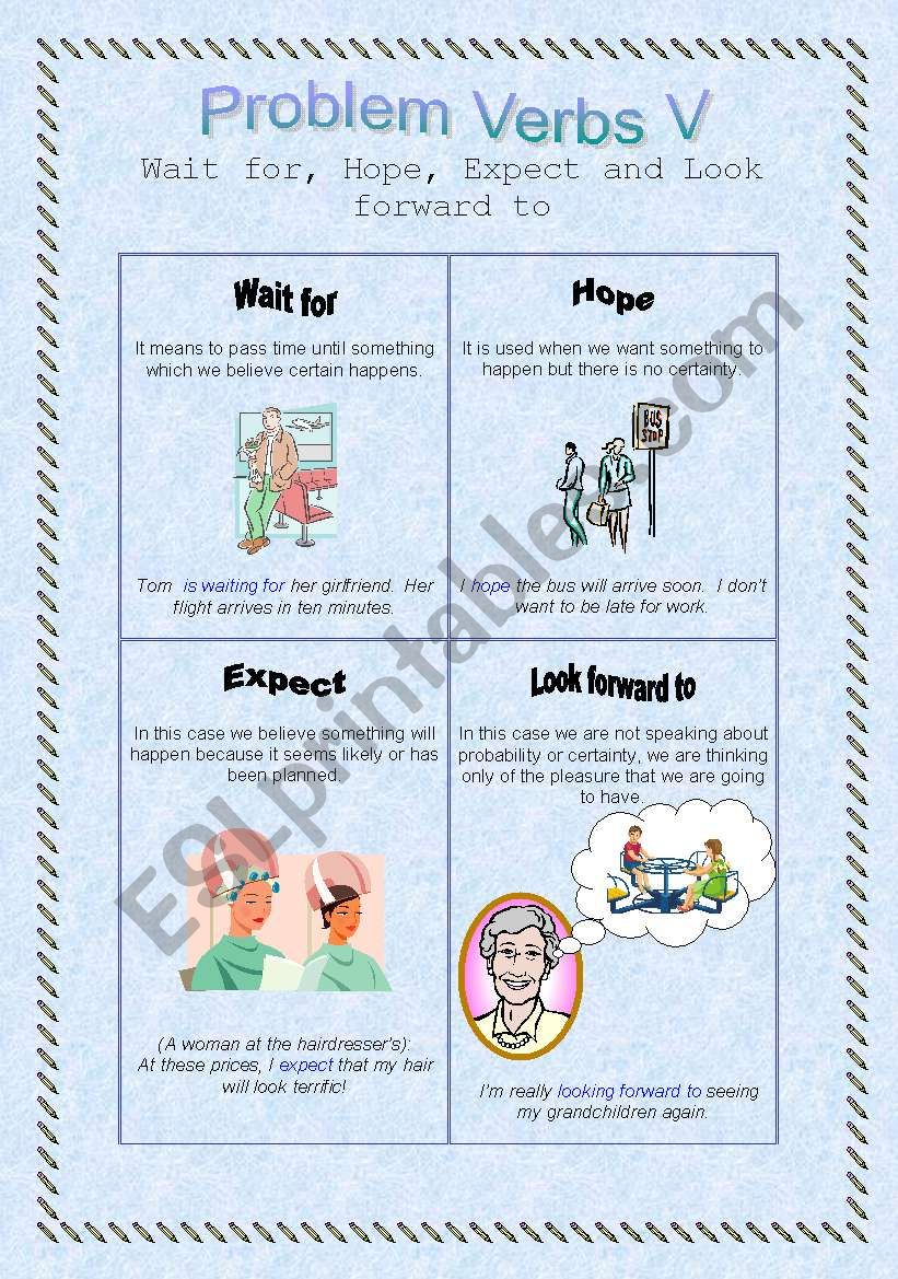 Problem Verbs V - Wait for, Hope, Expect and Look Forward To - Theory and Practice 2 pages + key