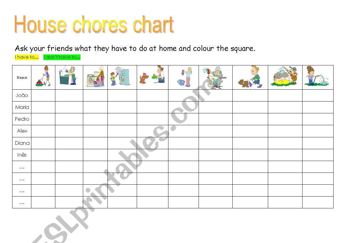 house chores chart worksheet