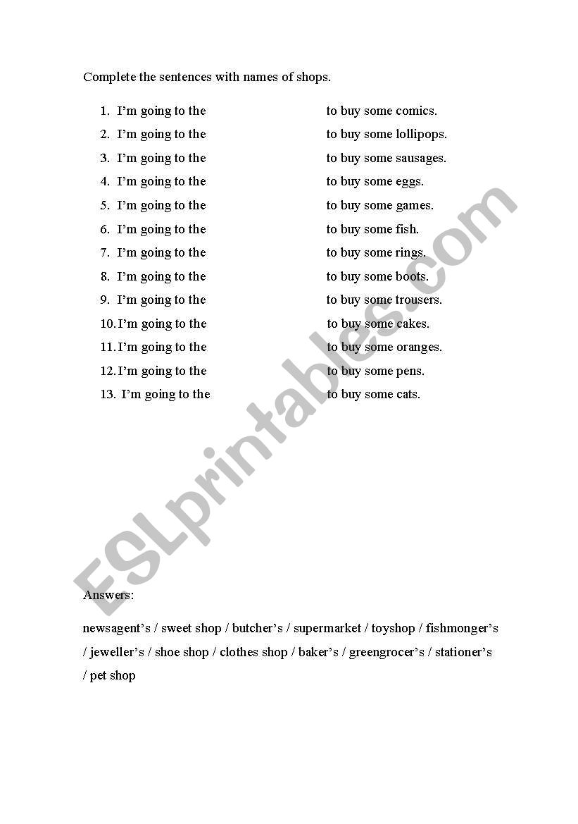 Exercise on shops worksheet
