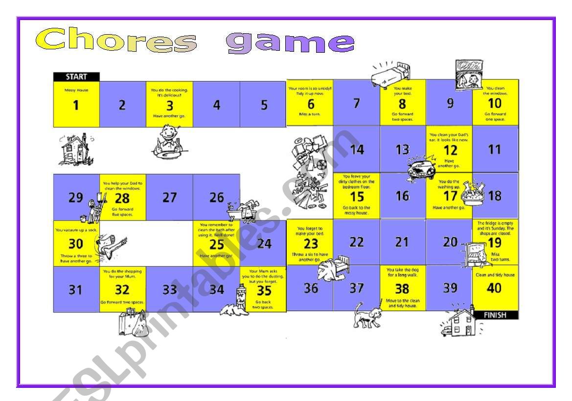 ESL Chores & Cleaning Vocabulary Board Game  Chores, Chore board, Teaching  english online