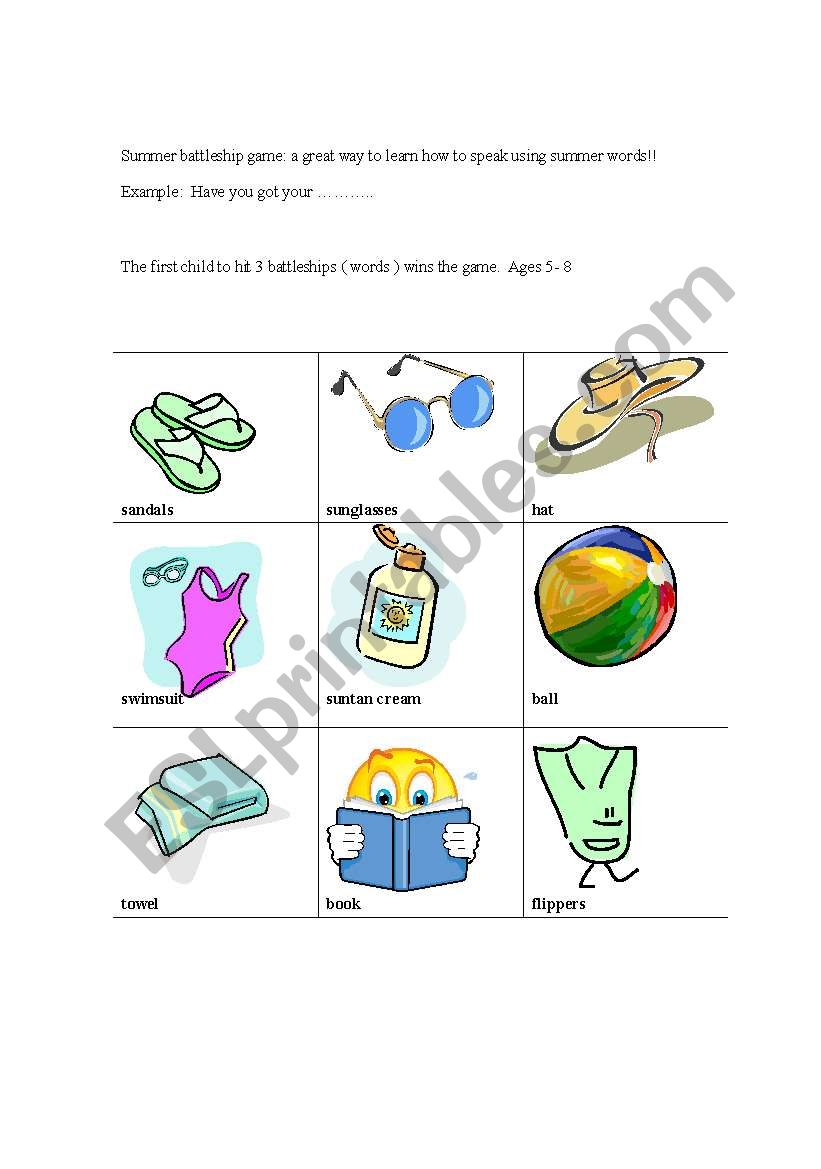 Summer Battleship Game worksheet