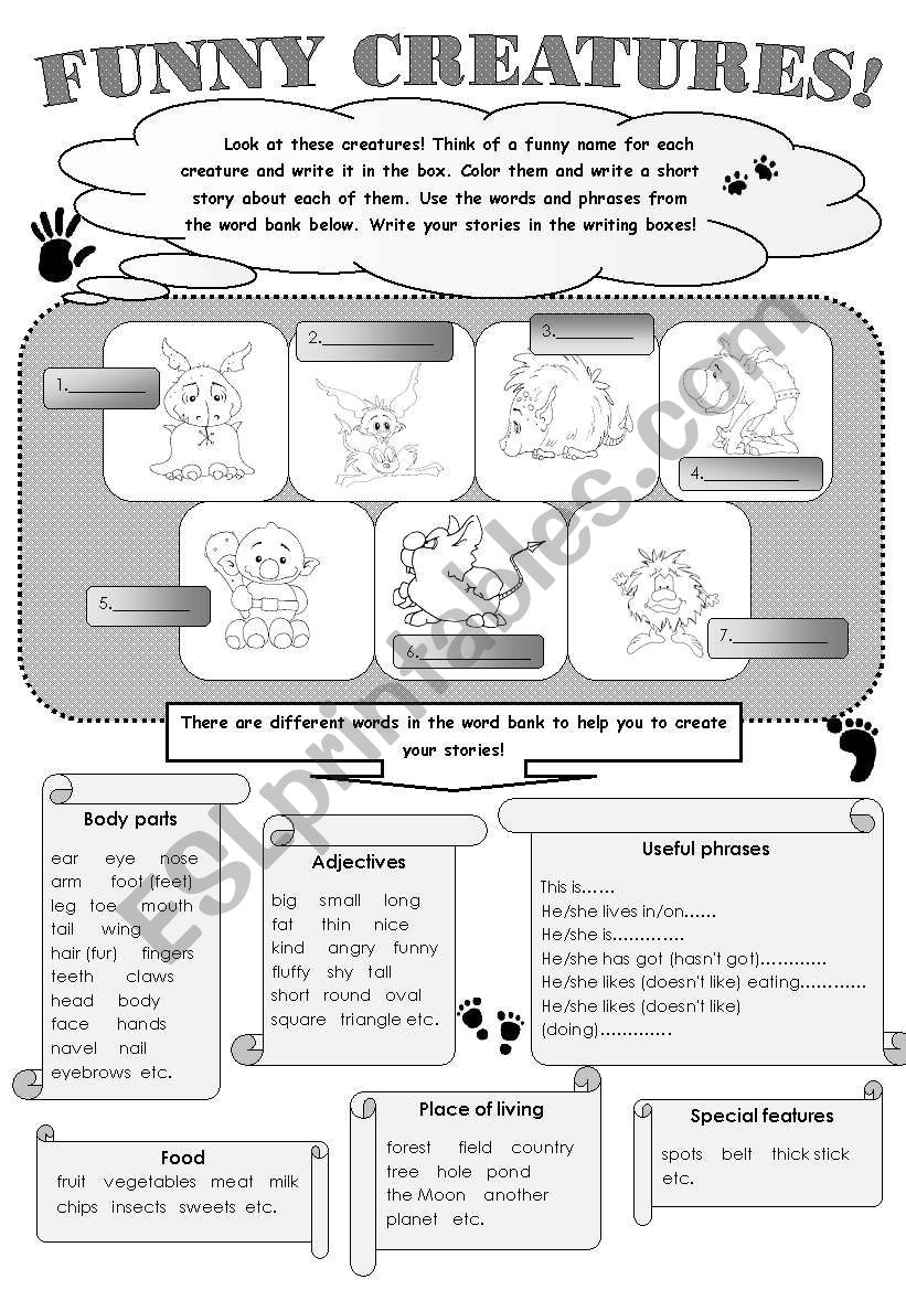 FUNNY CREATURES! - FUN WRITING ACTIVITY FOR YOUNG LEARNERS (2 pages with writing boxes to cut and give to your students)