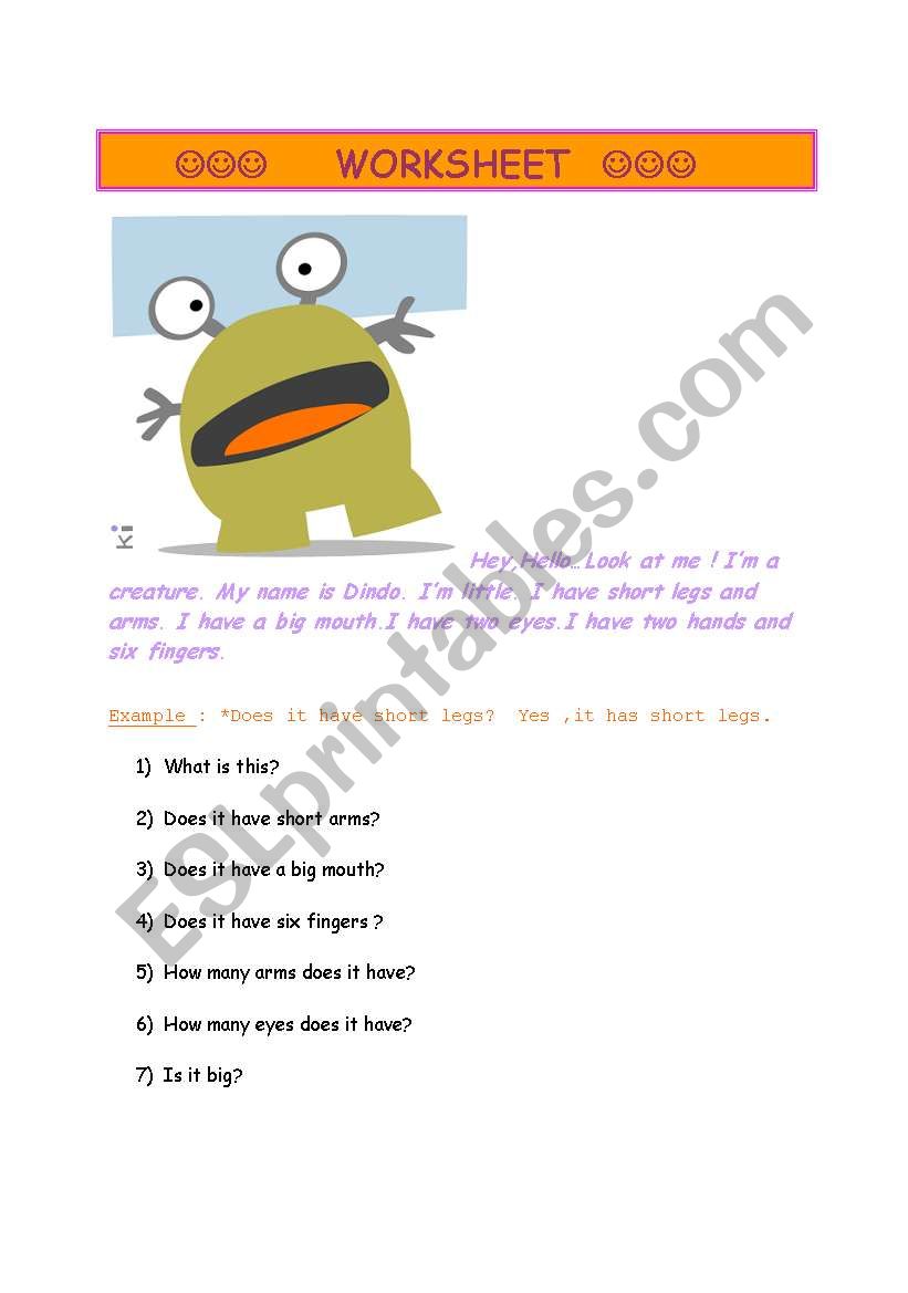 WORKSHEET FOR BODY PARTS AND ADJECTIVES