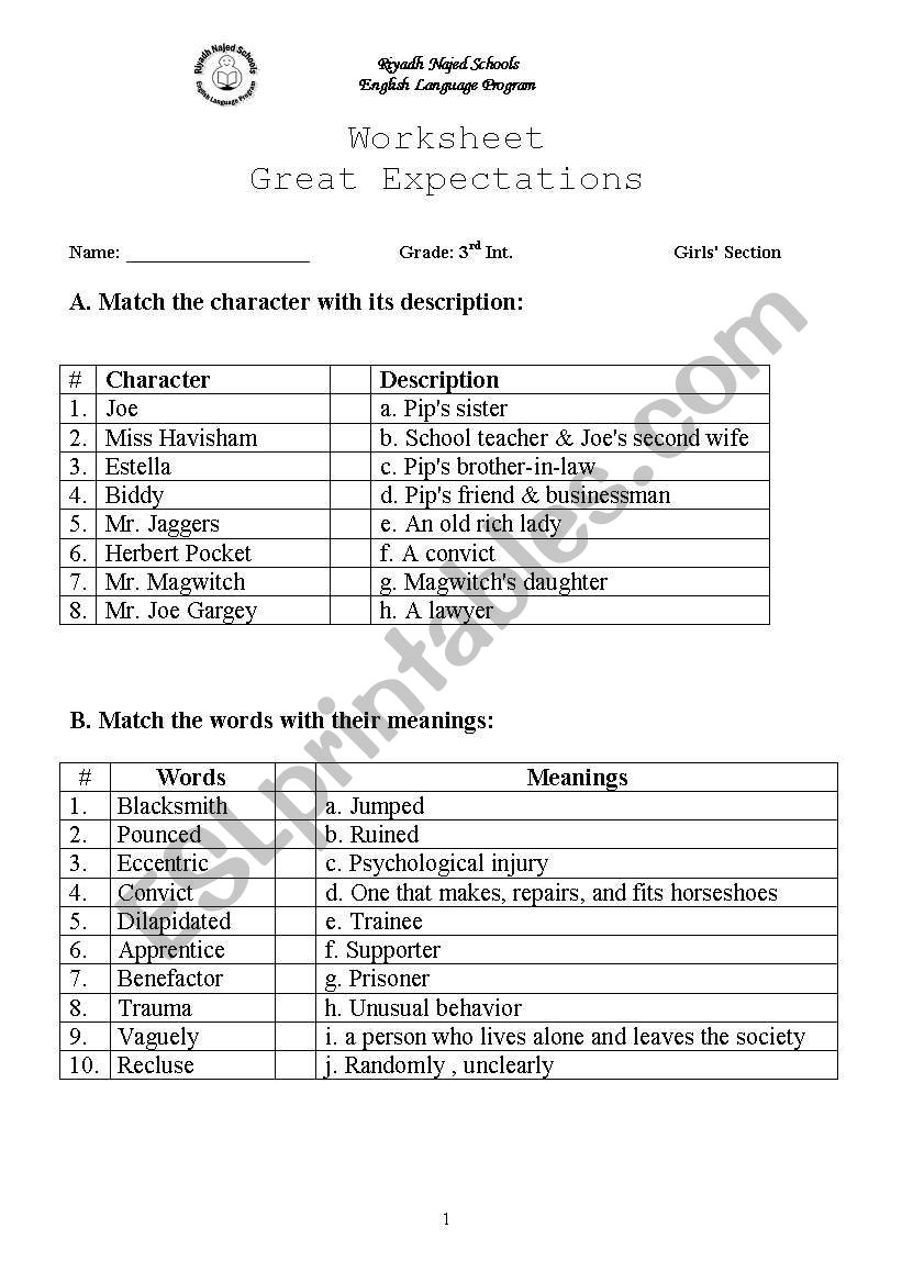 Great Expectations worksheet
