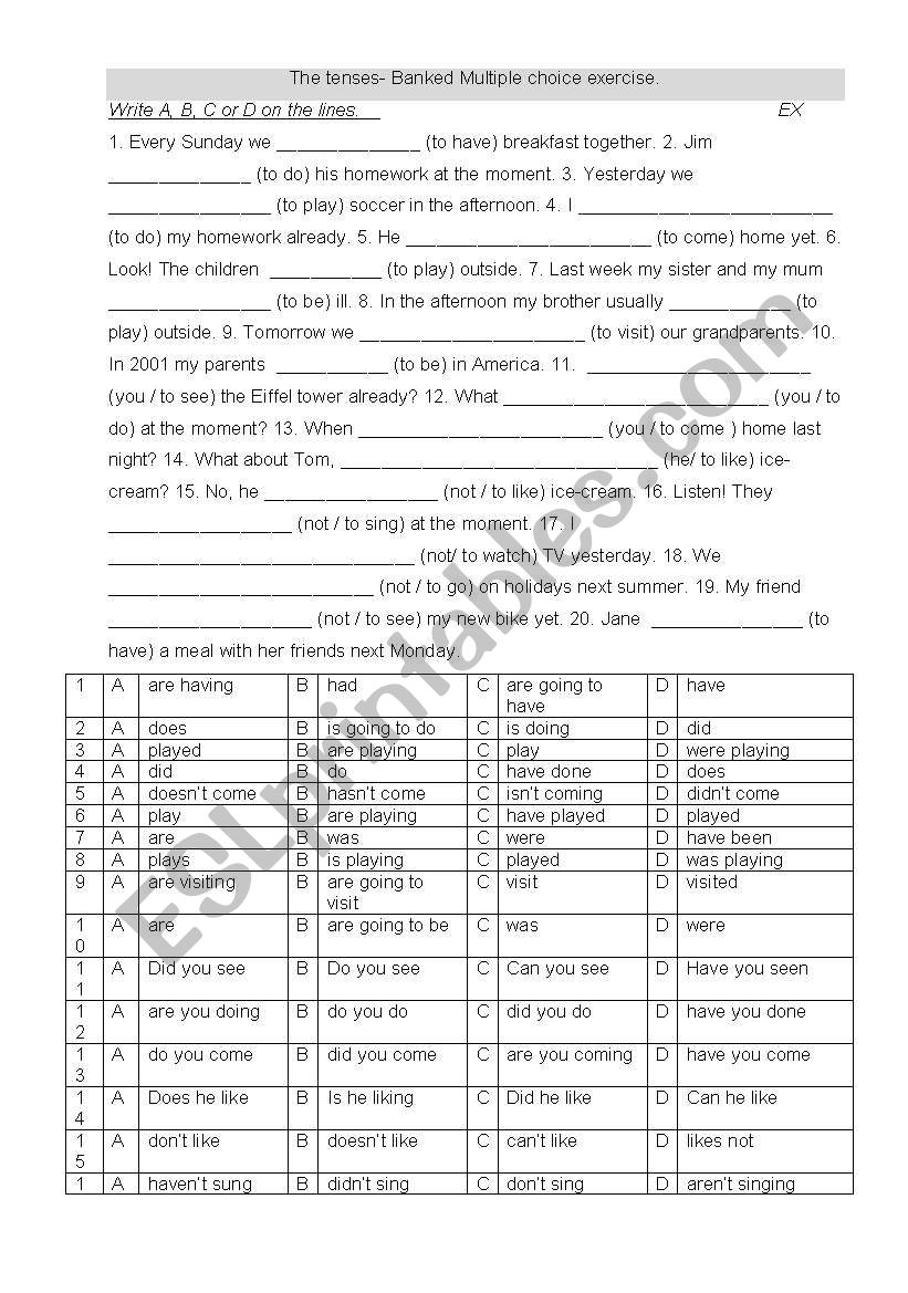 Tenses - a banked Multiple choice mixed grammar exercise