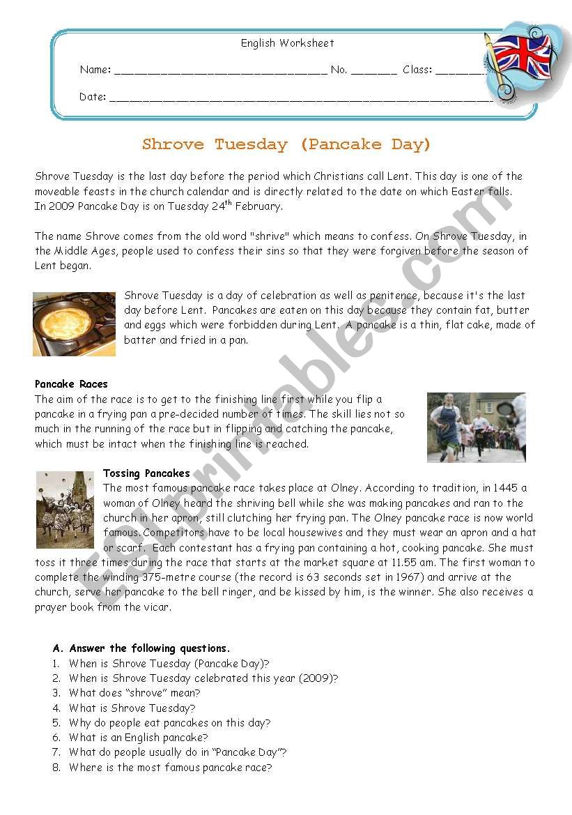 Shrove Tuesday worksheet