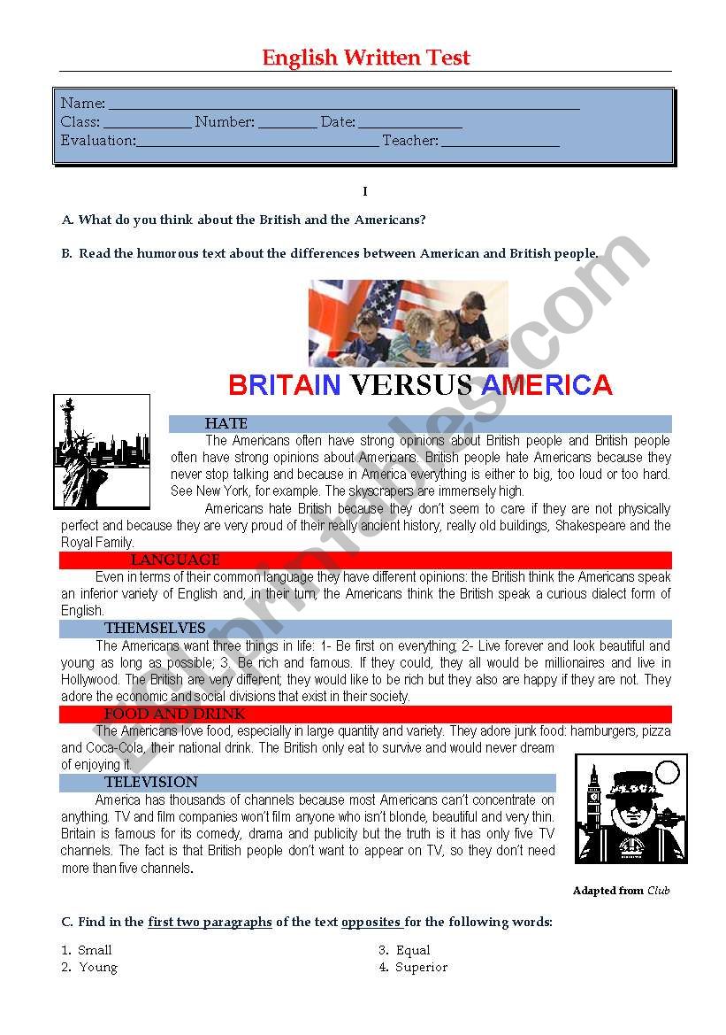 Test - Britain vs America worksheet