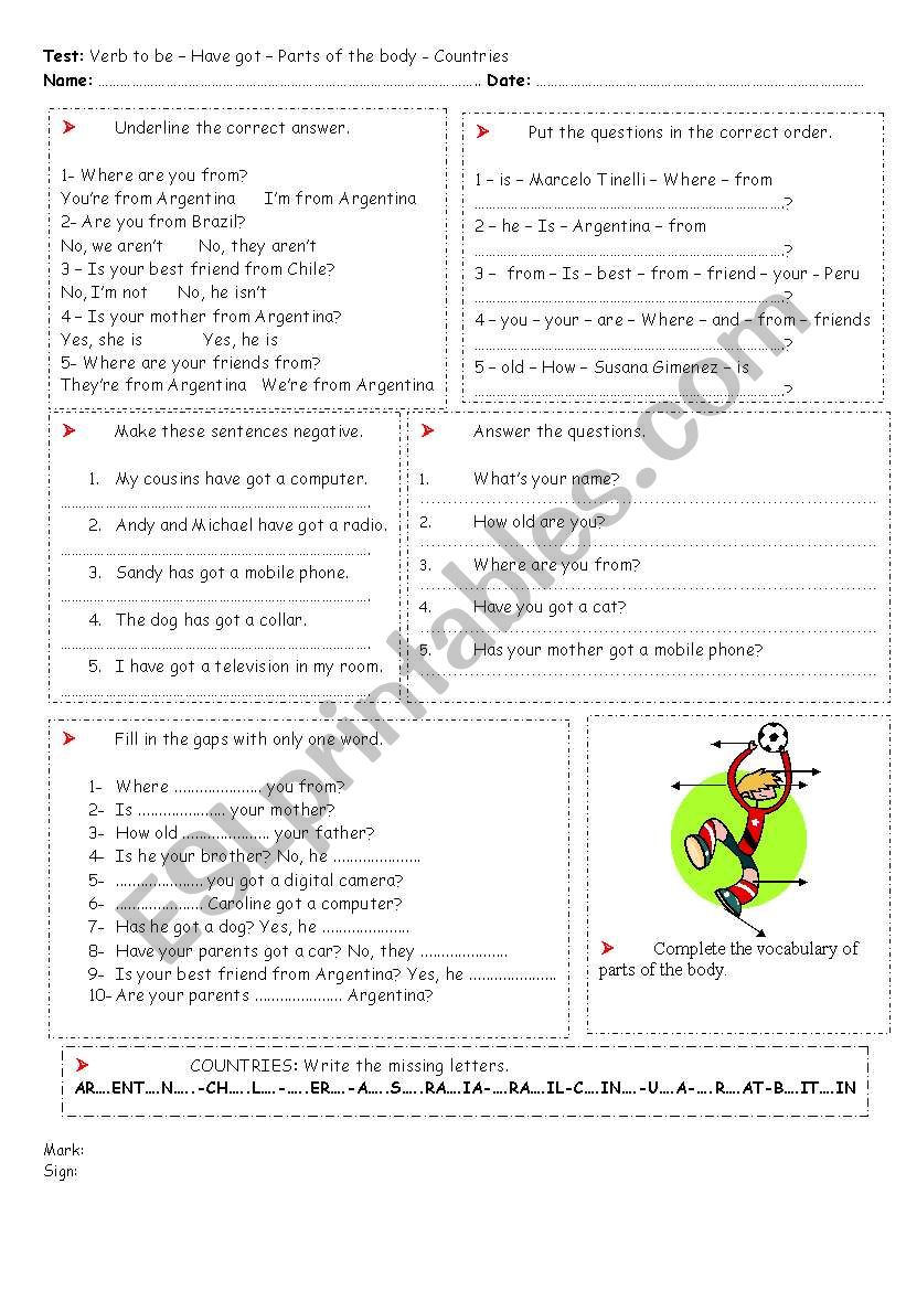 TEST Verb To Be - Have got - Countries - Parts of the body