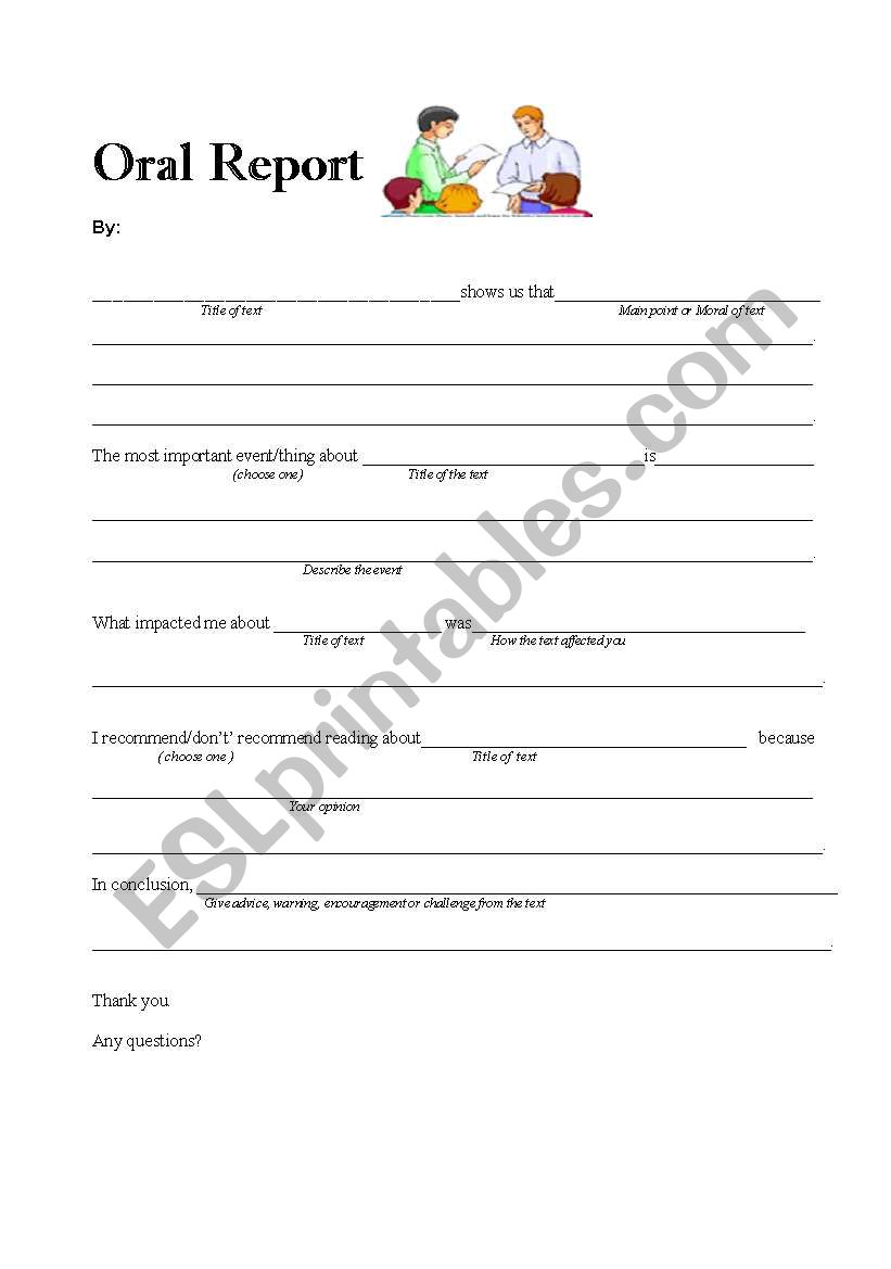 Advanced Level Oral Report worksheet