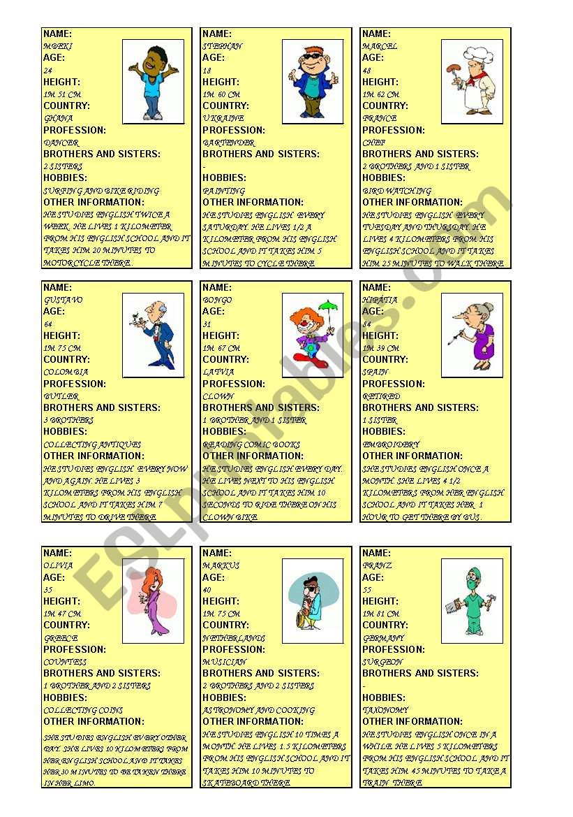 Question cards worksheet