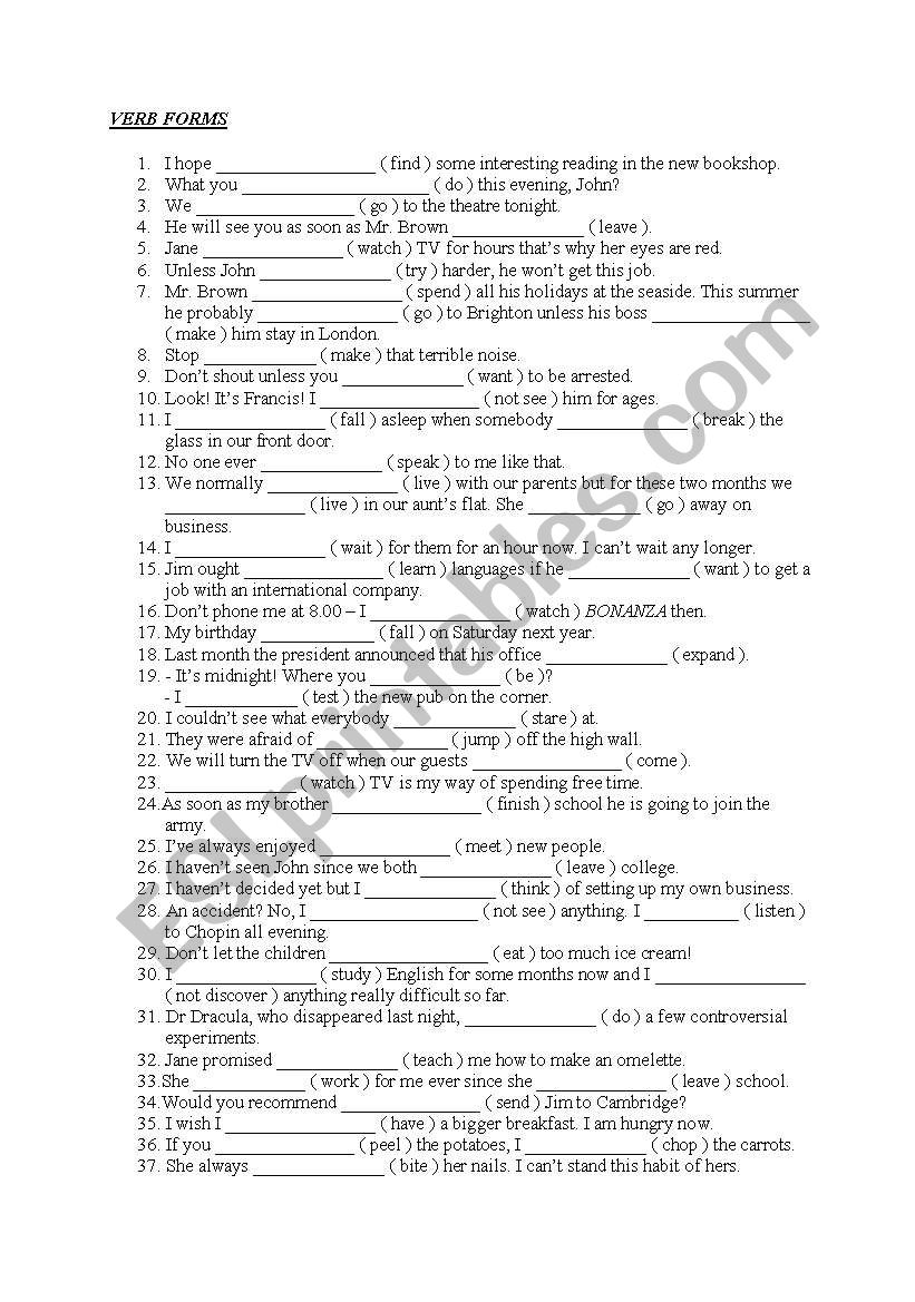 verb forms, tenses, revision worksheet