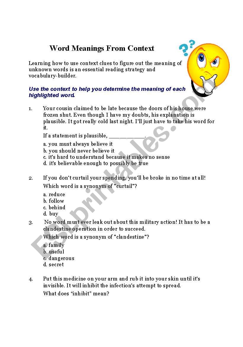 Word meaning from context. worksheet