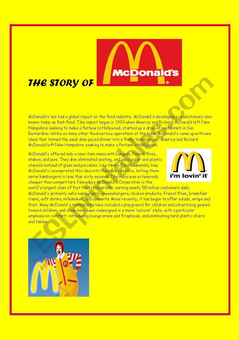 MC DONALDS STORY worksheet