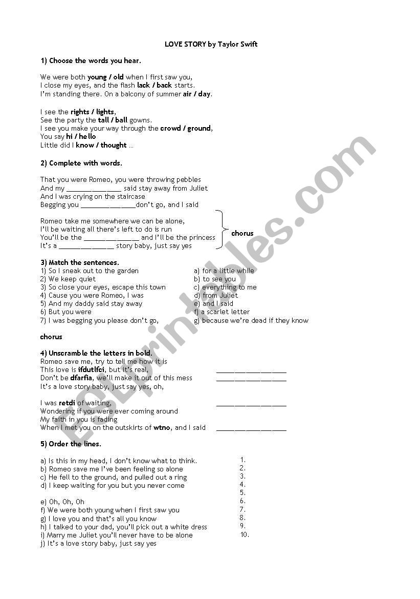 Working with a love song. worksheet