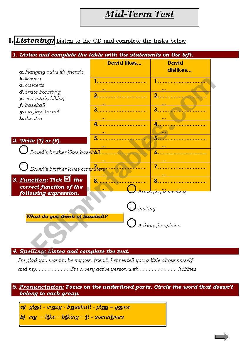 Listening and Language Test about entertainment and celebrations