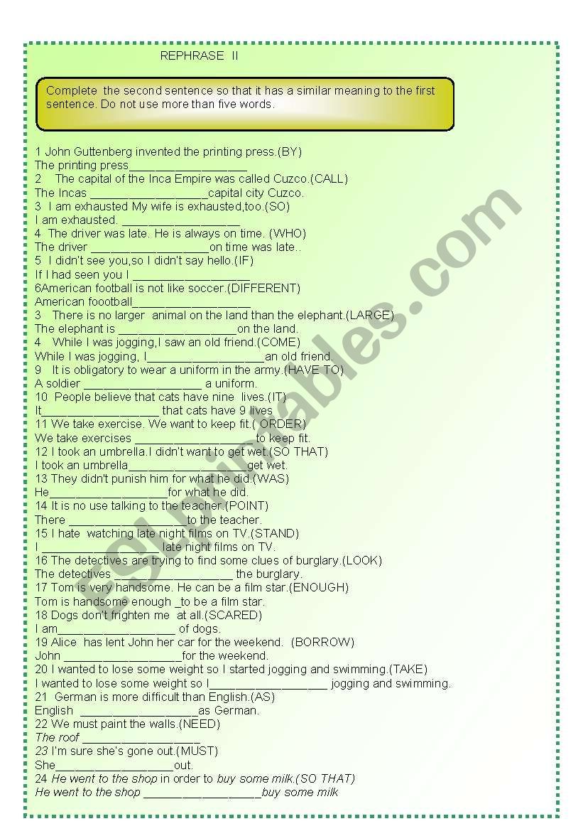 REPHRASE PART II worksheet