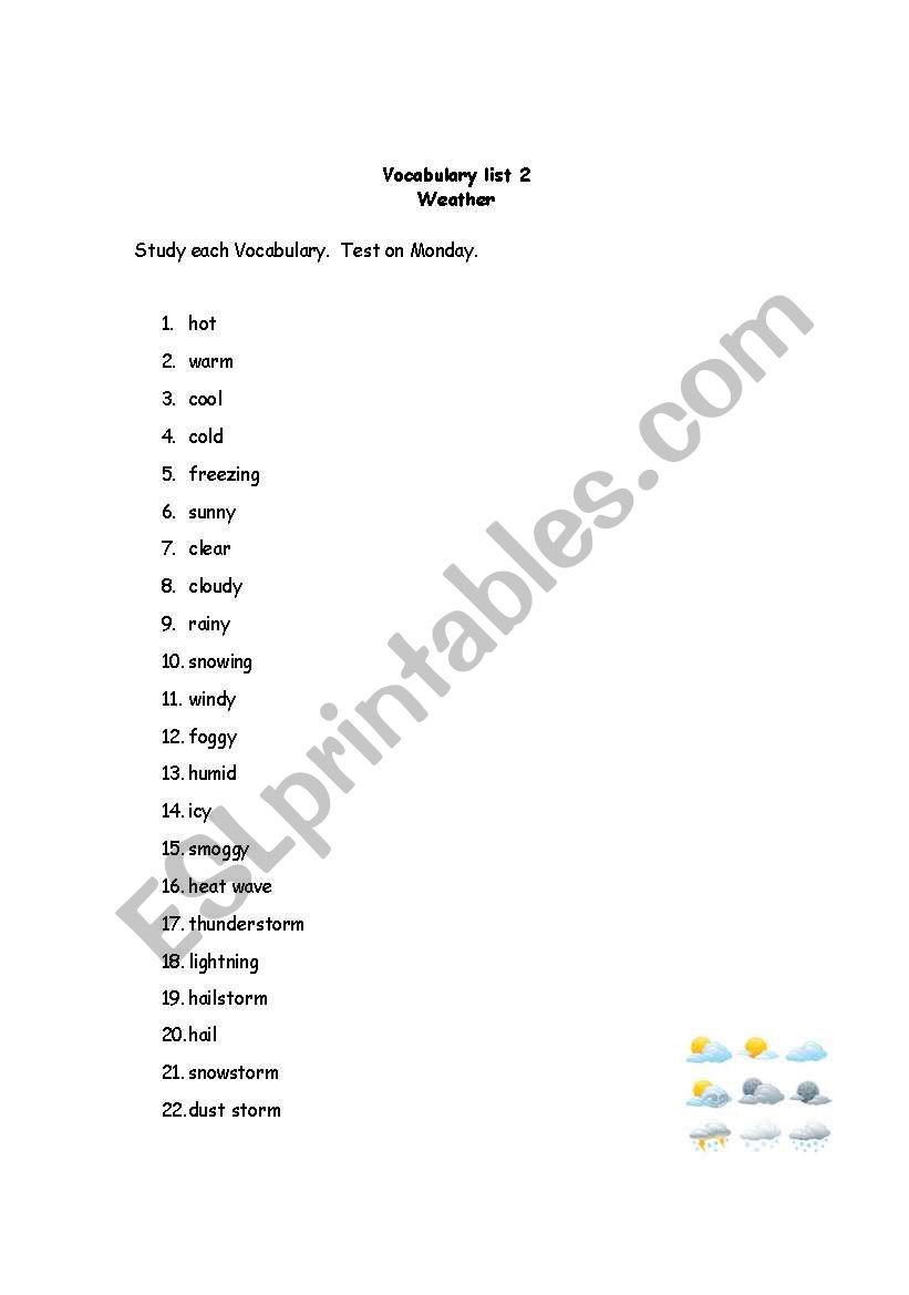 Vocabulary list 2 Weather Worksheet 1 of 2