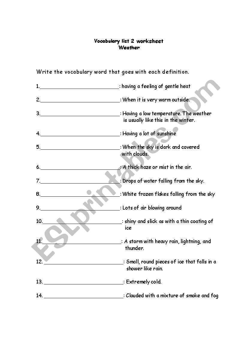 Vocabulary list 2 Weather worksheet 2 of 2